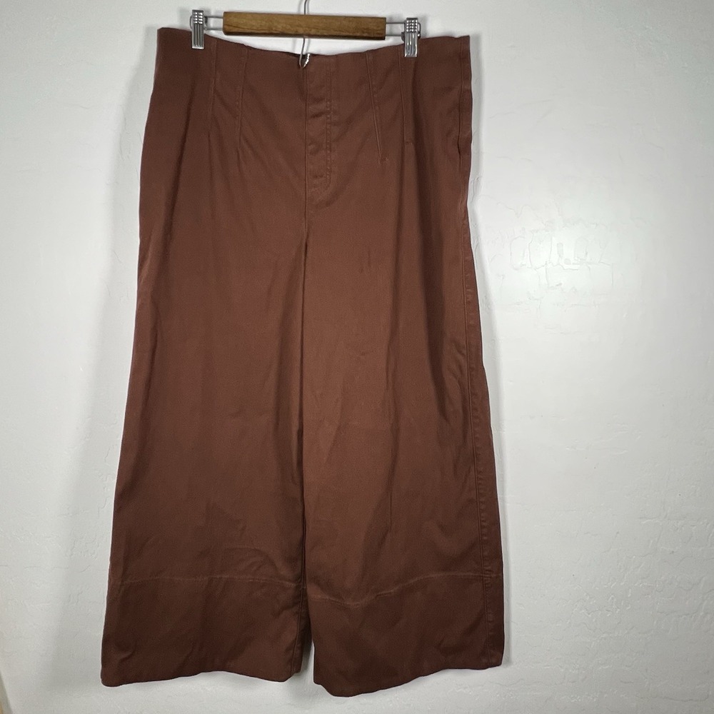 Spanx Pants Women's 1X 1T Brown Stretch Twill Cropped Wide Leg Pull On Comfort
